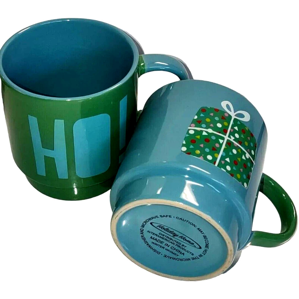 Holiday Home Seasonal Christmas Theme Coffee Tea Mug Green Blue Set